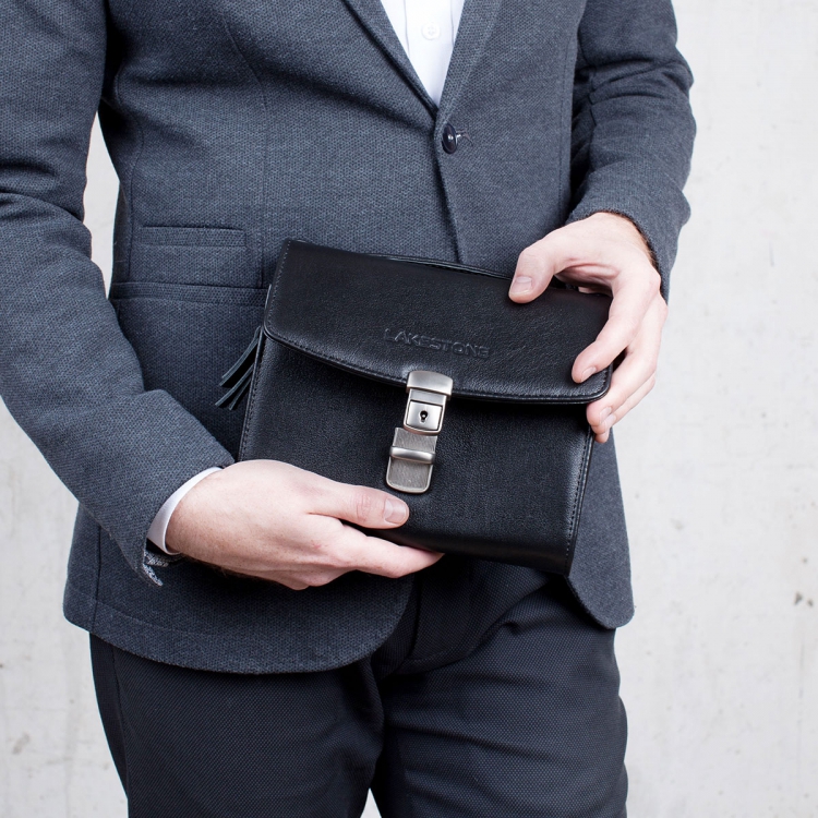 Мужская барсетка кожаная с короткой ручкой Evans Black